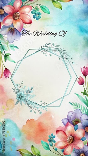 A watercolor wedding invitation featuring vibrant floral arrangements and a delicate geometric frame, perfect for announcing your special day with elegance and charm