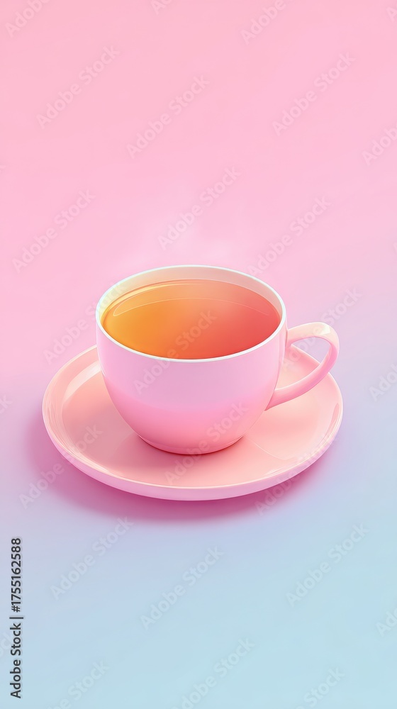 Fototapeta premium Pink teacup on a saucer with warm beverage, pastel background.