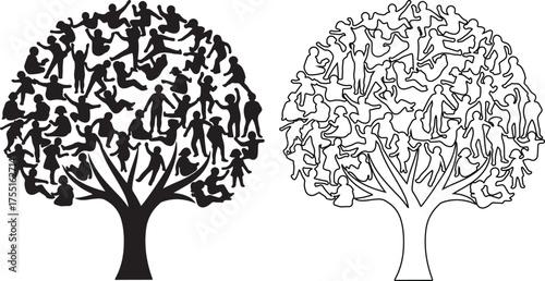 Two trees formed by human figures one solid black and the other outlined symbolizing community and growth in a unique artistic style