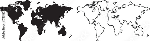 World map illustration featuring continents in both solid black and outline form against a white background for geographical representation