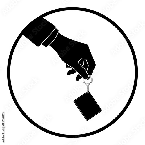 Black icon hand holding card on a keychain in a round frame without background