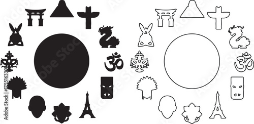 Collection of diverse cultural symbols and icons in black and white vector format for graphic design and creative projects use