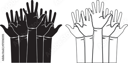 Raised hands in black and white symbolizing unity support and participation in a community event or social movement with diverse representation