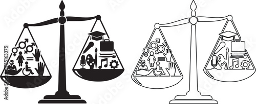 Scales of justice balancing equality diversity inclusion and opportunity representing fairness and equal rights for all individuals and groups