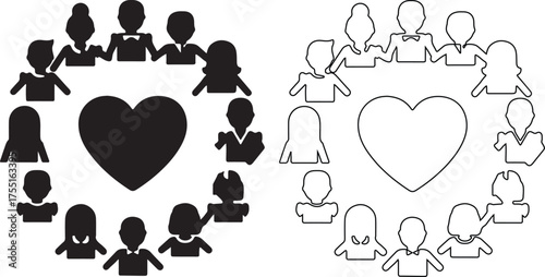 Group of people silhouettes surrounding a heart shape symbolizing community and love in a black and white graphic illustration design