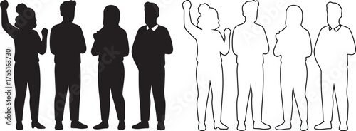 Silhouettes of diverse people stand together some raising hands in unity available in both black and white outline versions for design use