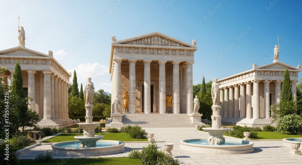 Obraz premium Ancient greek temple with columns and statues under blue sky amidst lush greenery