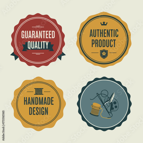 Vintage badges collection showcasing quality authenticity and handmade design elements.