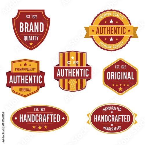 Collection of vintage brand quality authentic handcrafted original badges and labels.