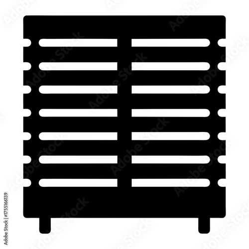 Black and white minimalist illustration of a storage cabinet with horizontal slats