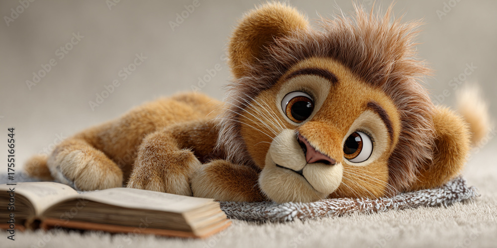 Fototapeta premium Cute lion cub lying on rug, reading book with curious expression. soft fur and playful demeanor create charming scene
