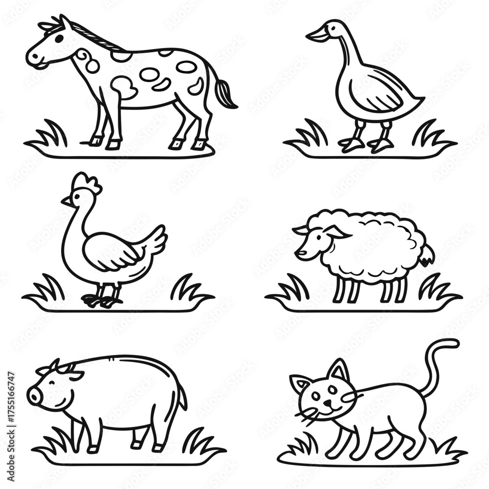 Obraz premium black white doodle icons cow chicken pig s.svg