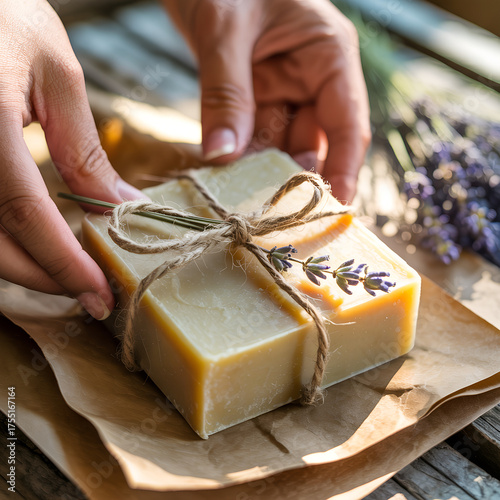 Hands wrapping handmade lavender soap gift on wooden table  
