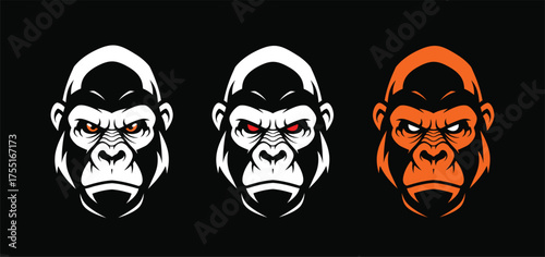 Three stylized gorilla heads in a row, two white and one orange, against a black background.