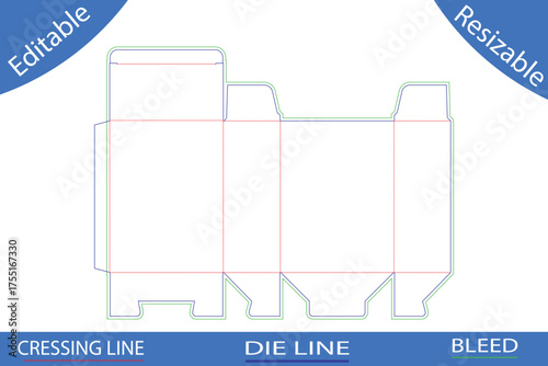 Die cut template for a rectangular box with a lid and tuck flaps