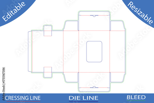 Die cut template for a rectangular box with a window and tuck flap