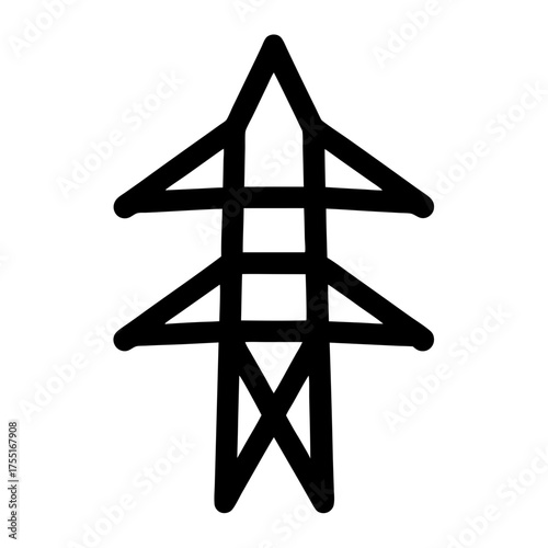 Stylized black and white electricity pylon drawing with simple geometric shapes