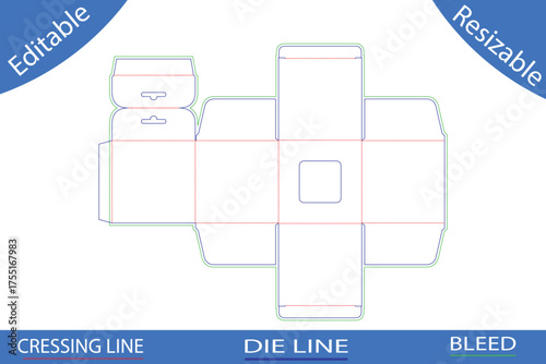 Folding carton packaging die cut template with hanging tab