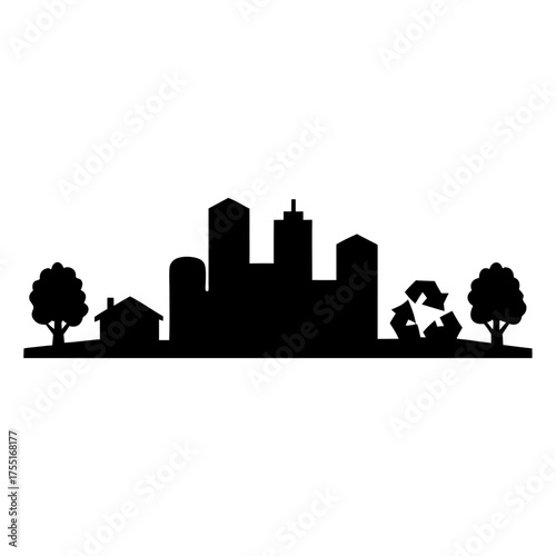 Cityscape and landscape silhouette with recycling symbol representing urban sustainability efforts