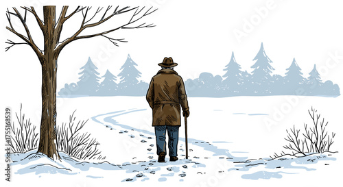 Old man walking on snow path in winter forest, emotional illustration for loneliness, memory or life journey concept design