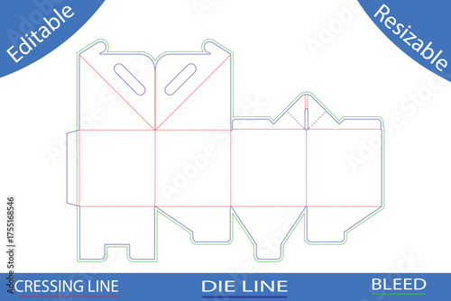 Milk carton style box template with die cut and creasing lines