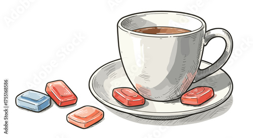 Cup of hot tea with throat lozenges vector for healthcare packaging or pharmacy advertisement