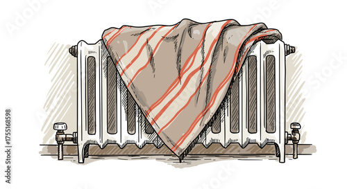 Blanket over radiator, cozy home heating illustration for interior design and energy saving concept