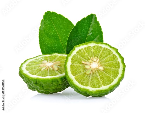 Fresh Bergamot Halves with Leaves on White Background.