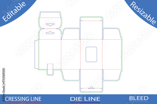 Packaging box die cut template with hanging tab and window