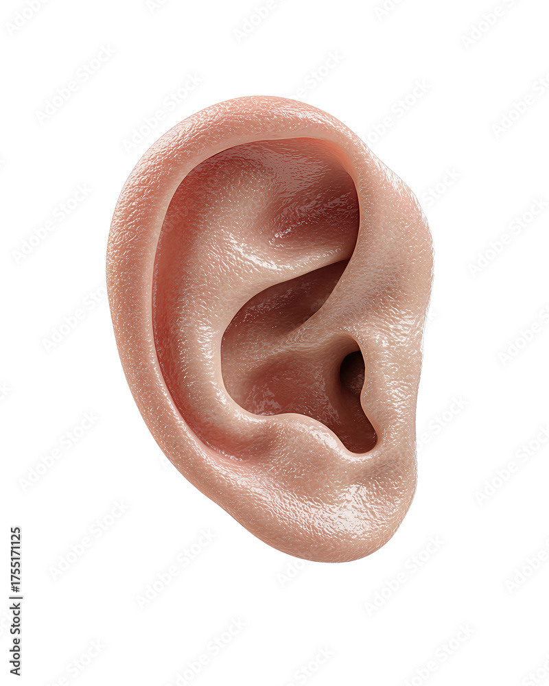 Fototapeta premium Realistic human ear close-up with natural skin texture and smooth edges, detailed anatomy, isolated on transparent background. 