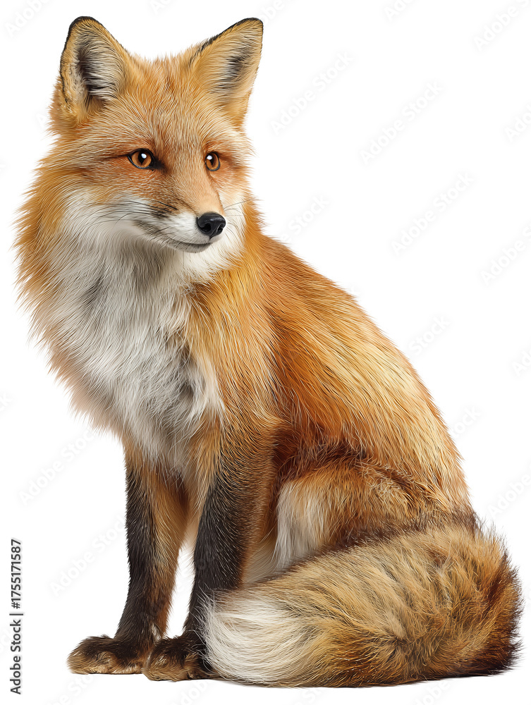 Fototapeta premium Elegant fox in seated pose, soft gradient coat from deep red to pale cream and vivid amber gaze, isolated on transparent background.
