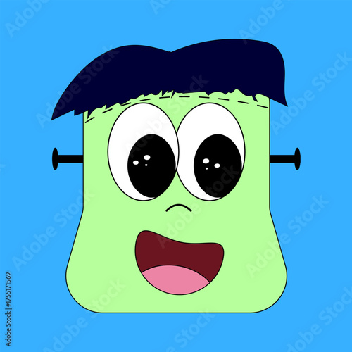 A fun cartoon version of Frankenstein monster, with a green face, wide eyes, and bolts. Ideal for Halloween decorations, party invitations, or themed artwork for spooky events zombie inspired designs.