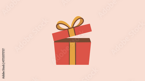 A simple flat design illustration of a red gift box with a gold ribbon, partially open, on a light pink background, symbolizing a present or surprise.