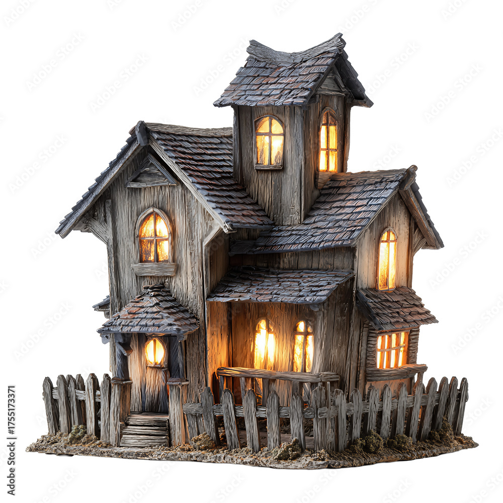 Fototapeta premium Small haunted mansion in Victorian style with glowing interior light, worn shingles, and warped fencing, rich in texture and mystery, isolated on transparent background. 