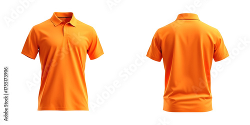 ront and back view of a men's bright orange polo shirt isolated on a white background, perfect for clothing mockups and fashion templates