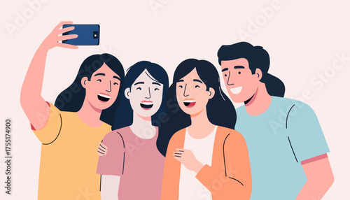 A group of students takes a selfie with joy on a soft pastel background
