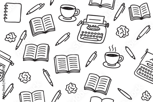 Seamless pattern with books, pens, coffee cups, and typewriters for writing enthusiasts. Vector doodle illustration