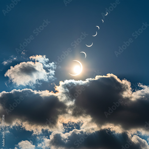 Ciel surréaliste nuages dramatiques phases lune croissants soleil lumière divine perçant céleste spirituel mystique atmosphère épique magique