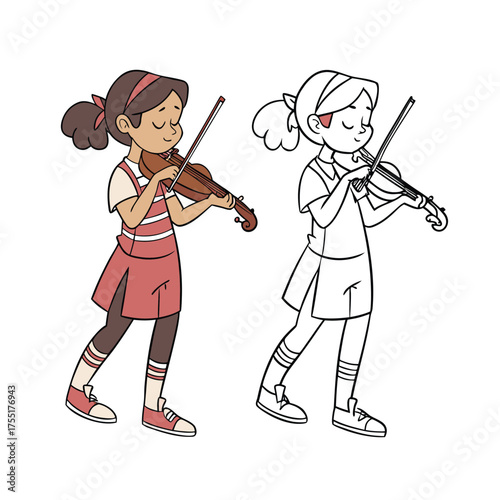 Young girl playing violin with musical notes floating around her skillful performance isolated on transparent background