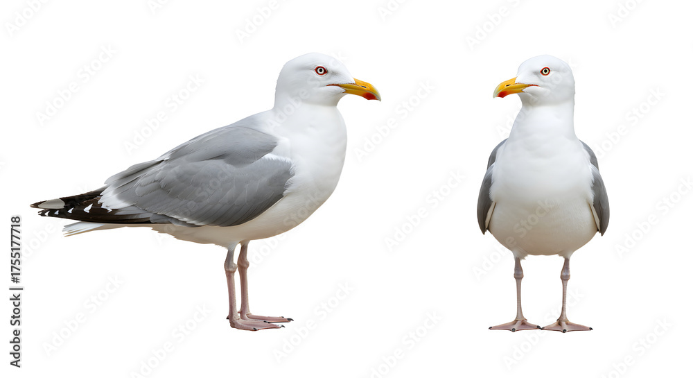 Obraz premium Two seagulls standing isolated on white background, close-up of marine birds with yellow beaks and gray wings, perfect for wildlife and nature projects
