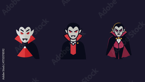 Three Stylized Cartoon Vampires with Red Eyes and Dramatic Capes on Dark Background for Halloween or Gothic Horror Themes