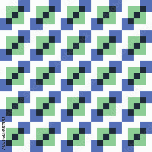 Retro pattern created from dark green, blue and green squares, on a white background