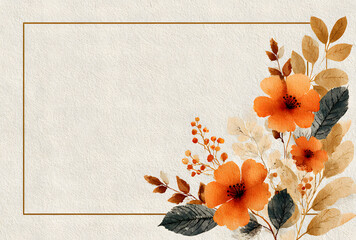 Fall floral rectangular corner border on white backdrop with watercolor flowers, orange and brown foliage, and writing space. Autumn themed invitation and frame anime style hand painted drawing
