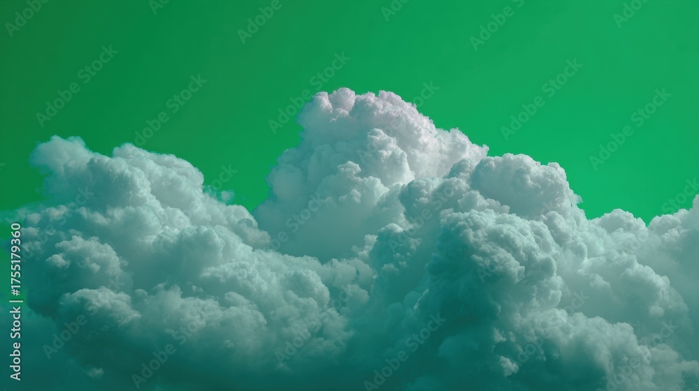Naklejka premium Fluffy clouds float lazily in a surreal green sky creating a peaceful dreamlike atmosphere.