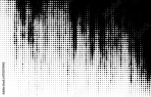 Black halftone dots form a dripping gradient from top to bottom on white. Vector illustration with comic grunge style.