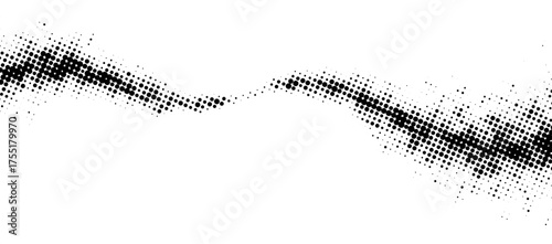 Curved halftone wave in black dots over white background. Minimal comic-style vector design with modern and abstract feel.