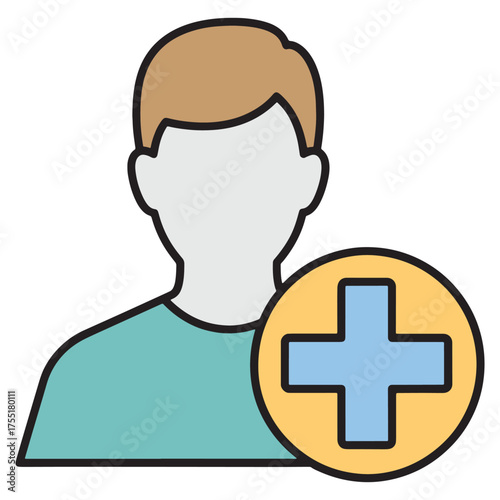 Modern flat vector icon depicting a user profile with an add symbol, signifying new account creation, contact addition, or member registration in digital applications and web interfaces