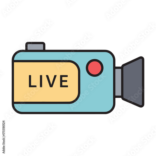 Modern flat vector icon depicting a live streaming video camera, perfect for digital media, online broadcasting, and real-time content delivery concepts