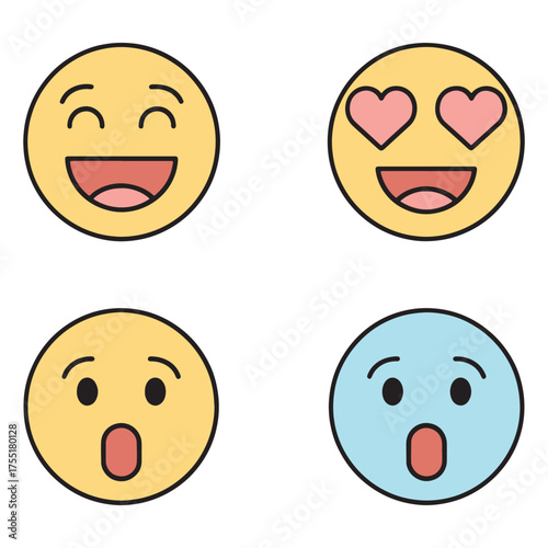 Set of Colorful Emoji Vector Icons Joy, Love, Surprise, and Astonishment - Flat Design