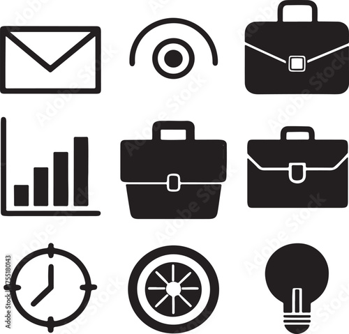 Business and Technology Icons with Briefcases and Lightbulb On White Keywords: icon, symbol, set